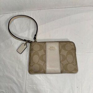Coach Beige Signature Canvas & Leather Wristlet Clutch With Zip Closure